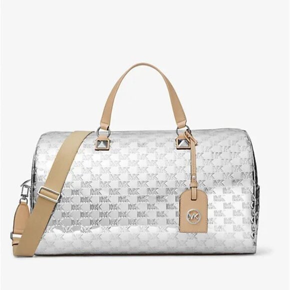 Michael Kors Grayson Extra-Large Logo Embossed Silver Patent Weekender Bag - Picture 1 of 8